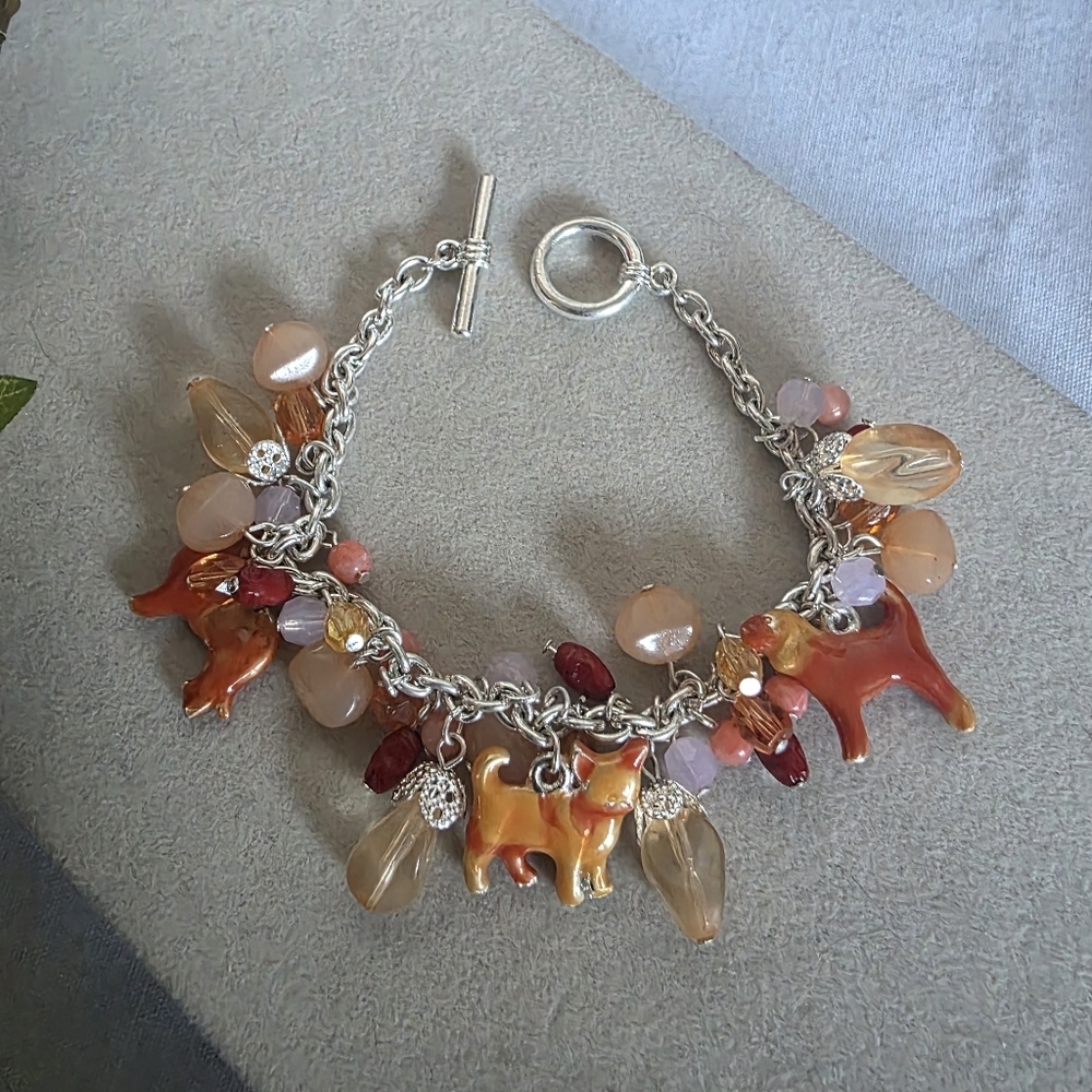 Silver Enamel  Dog Charm Bracelet with Acrylic Charms Toggle Clasp